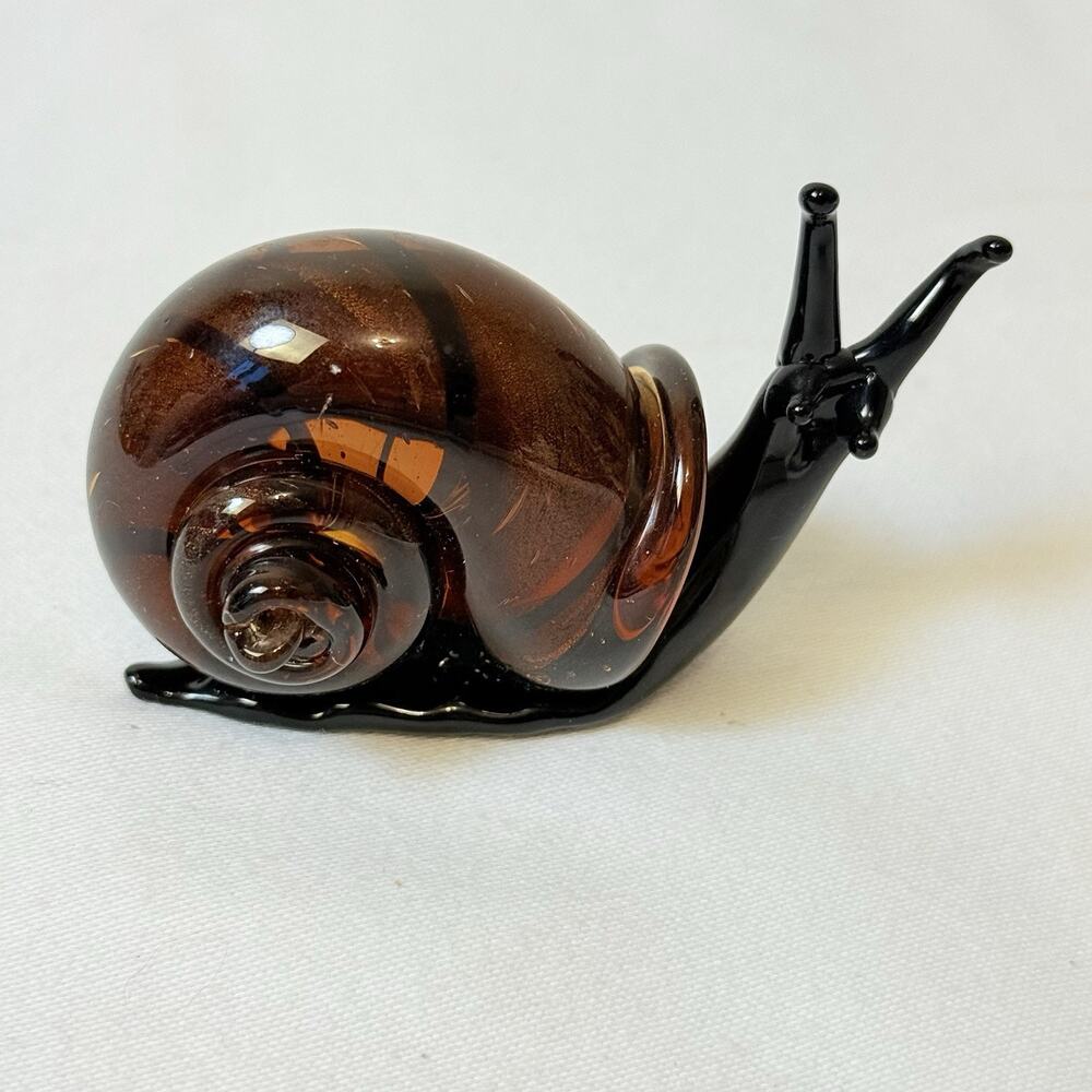Vintage Hand Blown Black &Amber Glass Snail Collectable Figurine